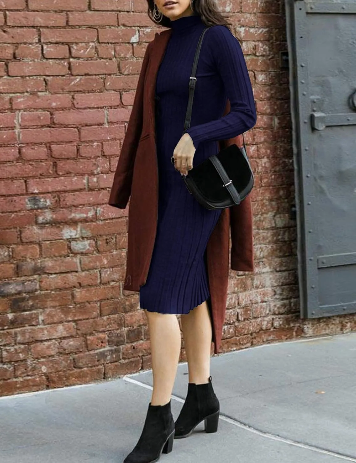 MEROKEETY Women's 2024 Ribbed Long Sleeve Sweater Dress High Neck Slim Fit Knitted Midi Dress