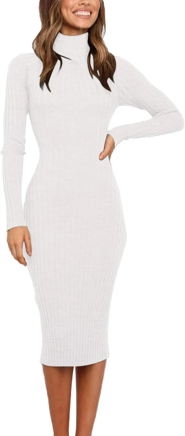 MEROKEETY Women's 2024 Ribbed Long Sleeve Sweater Dress High Neck Slim Fit Knitted Midi Dress