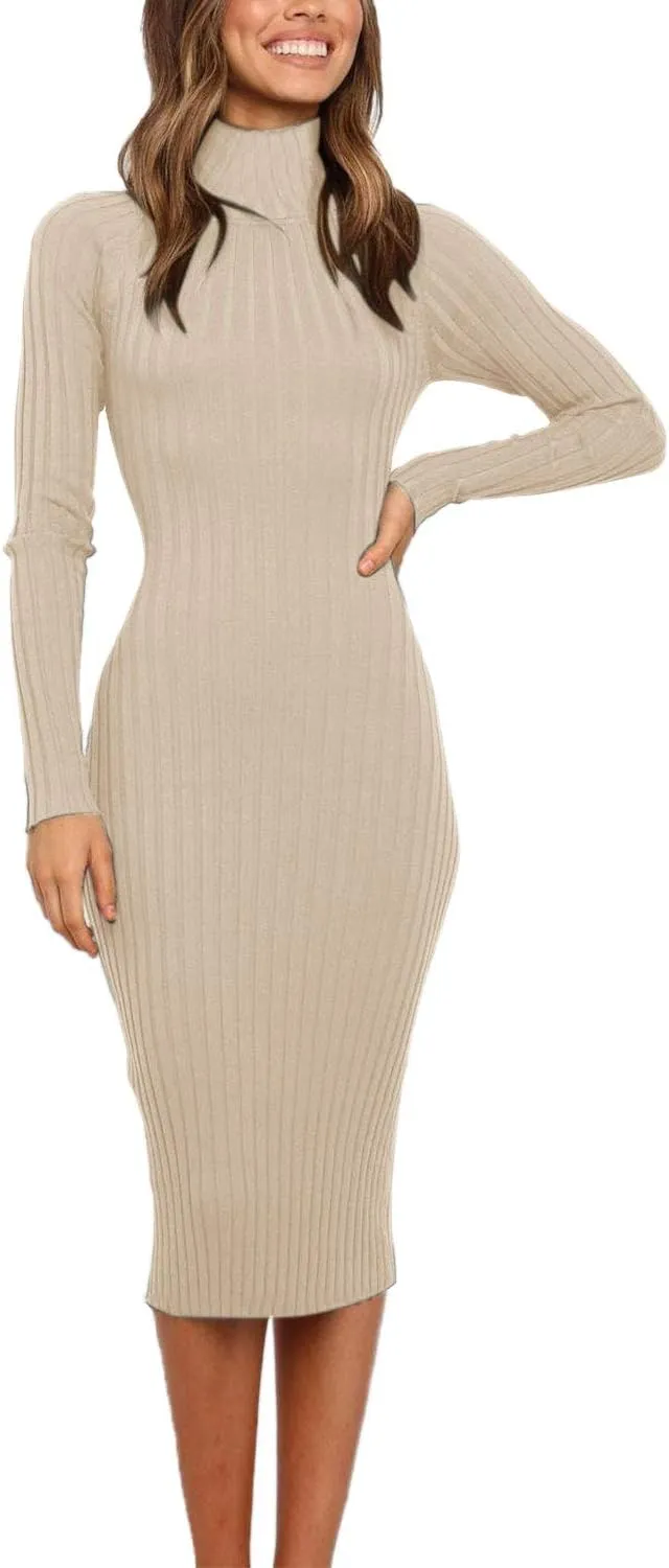 MEROKEETY Women's 2024 Ribbed Long Sleeve Sweater Dress High Neck Slim Fit Knitted Midi Dress