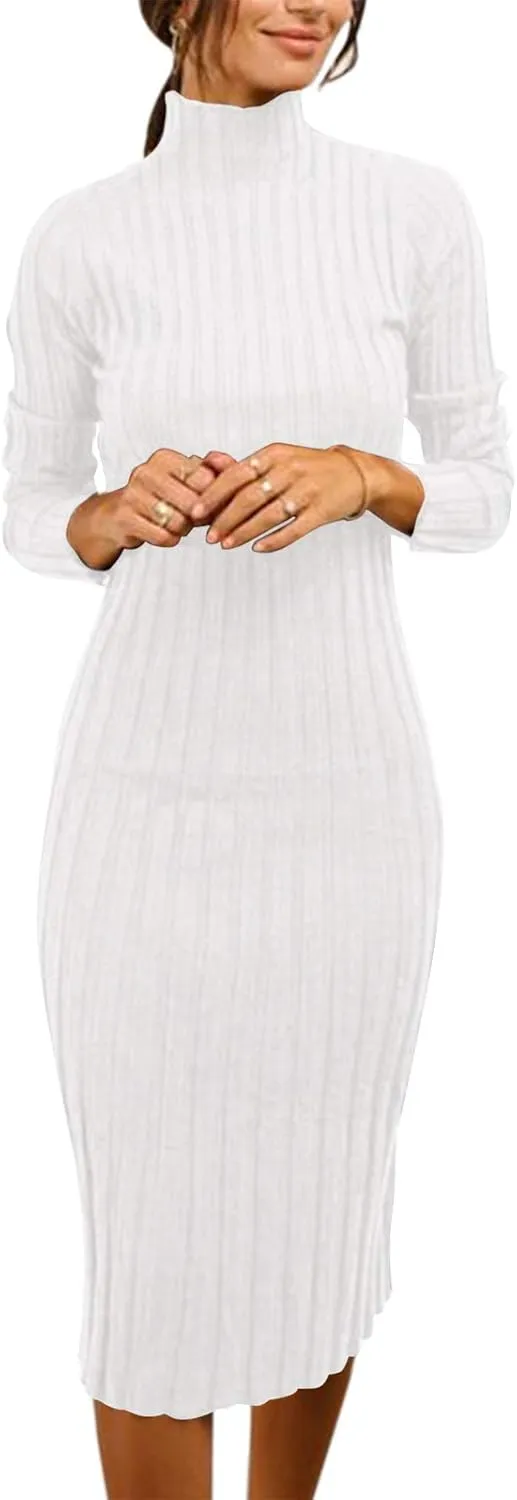 MEROKEETY Women's 2024 Ribbed Long Sleeve Sweater Dress High Neck Slim Fit Knitted Midi Dress