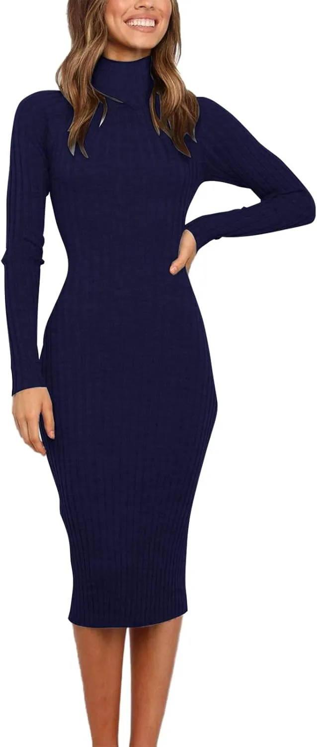 MEROKEETY Women's 2024 Ribbed Long Sleeve Sweater Dress High Neck Slim Fit Knitted Midi Dress