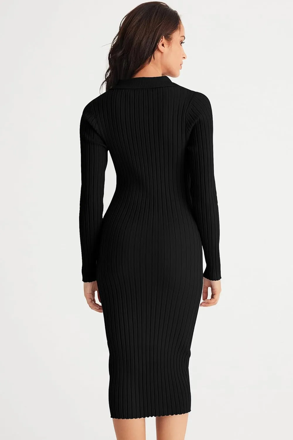 MEROKEETY Womens 2024 V Neck Ribbed Sweater Dress Long Sleeve Bodycon Knit Midi Dresses