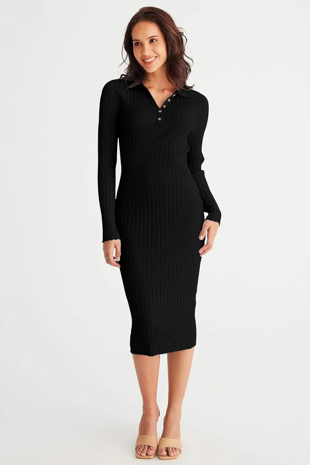 MEROKEETY Womens 2024 V Neck Ribbed Sweater Dress Long Sleeve Bodycon Knit Midi Dresses