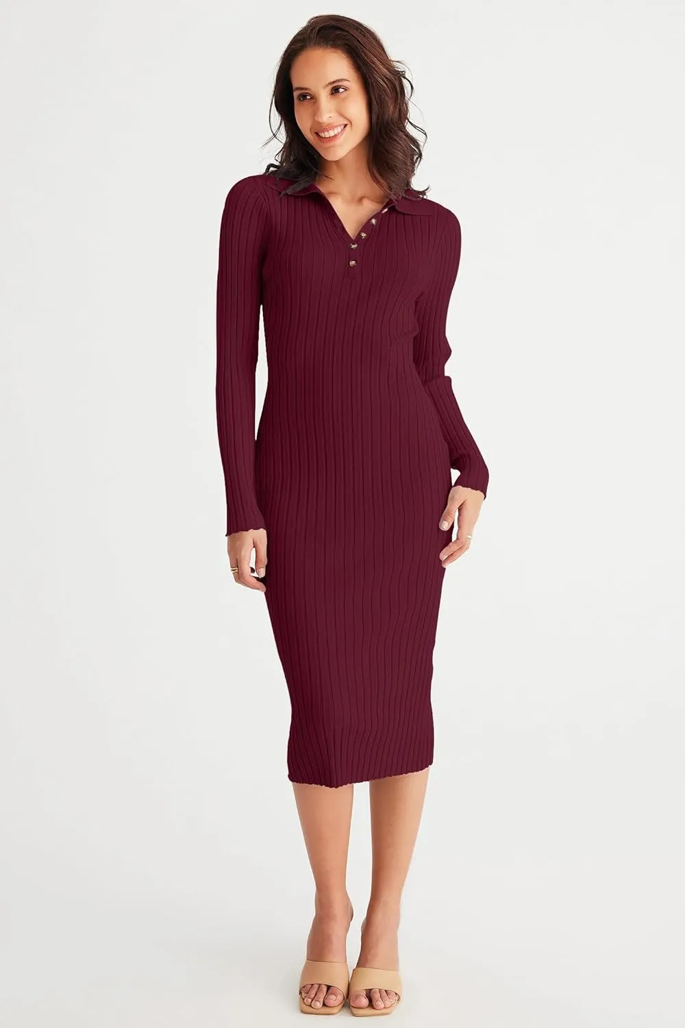 MEROKEETY Womens 2024 V Neck Ribbed Sweater Dress Long Sleeve Bodycon Knit Midi Dresses