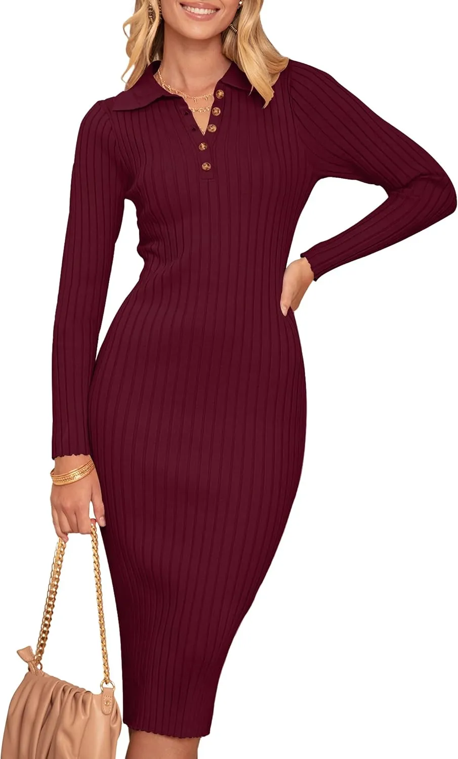 MEROKEETY Womens 2024 V Neck Ribbed Sweater Dress Long Sleeve Bodycon Knit Midi Dresses