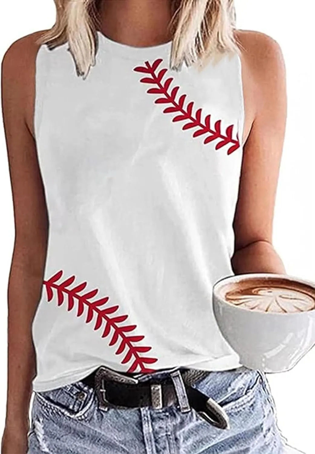 MHTOR Baseball O-Neck Tank Women Print Baseball Tanks Cute Workout Graphic Casual Summer Sleeveless Vest Top