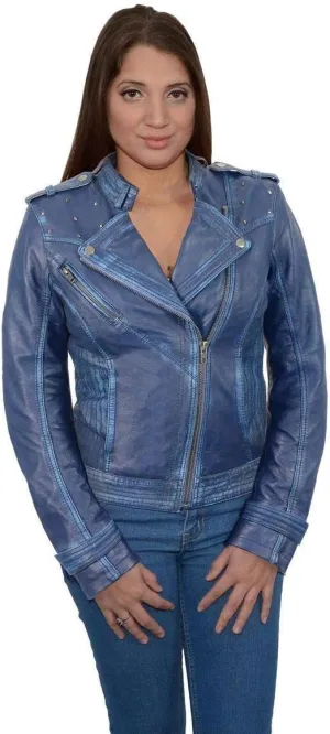 Milwaukee Leather Women's Maiden Royal Blue Premium Sheepskin Motorcycle Fashion Leather Jacket with Studs SFL2840