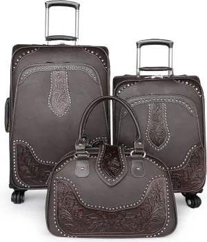 Montana West Western Tooling Luggage 3 Piece Sets Suitcase Embossed Vegan Leather Spinner Wheels Carry On Duffle Bag for Travel Coffee MBB-WRL-L1-2-3 CF