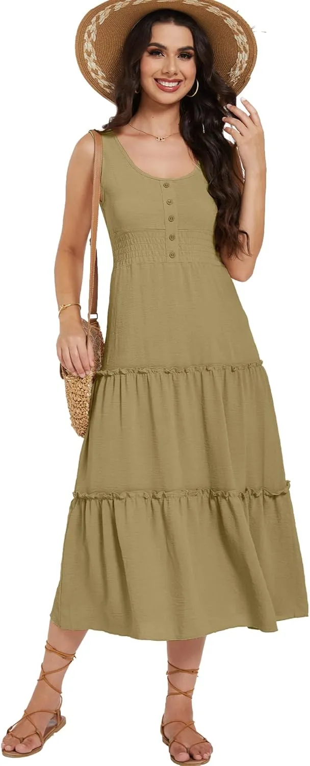 Moss Rose Women Sleeveless Summer Dress U Neck Ruffle Tank A Line Maxi Dresses Beach Sundress