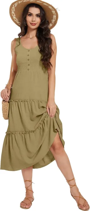 Moss Rose Women Sleeveless Summer Dress U Neck Ruffle Tank A Line Maxi Dresses Beach Sundress