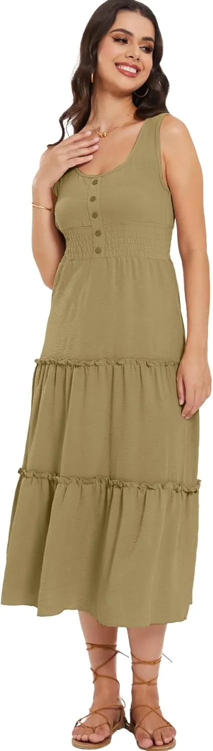 Moss Rose Women Sleeveless Summer Dress U Neck Ruffle Tank A Line Maxi Dresses Beach Sundress