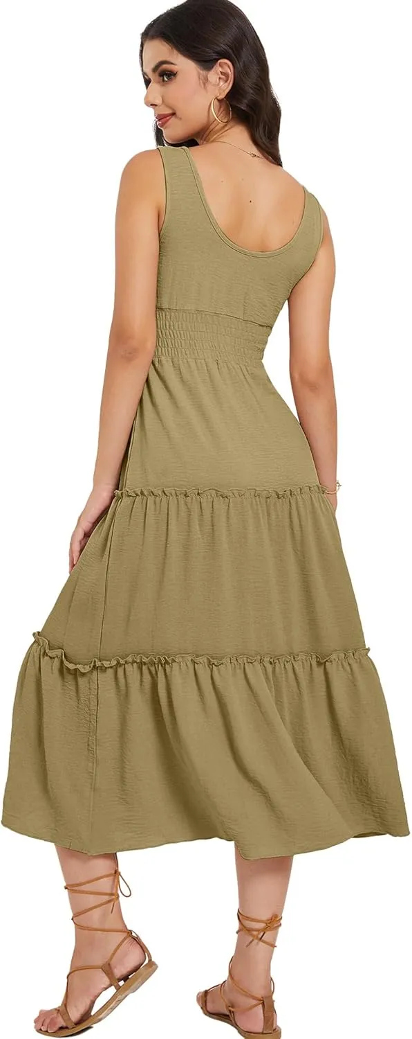 Moss Rose Women Sleeveless Summer Dress U Neck Ruffle Tank A Line Maxi Dresses Beach Sundress