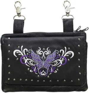 Motorcycle Womens Studed Purple Tribal Butterfly Real Leather Purse Bag w/clip