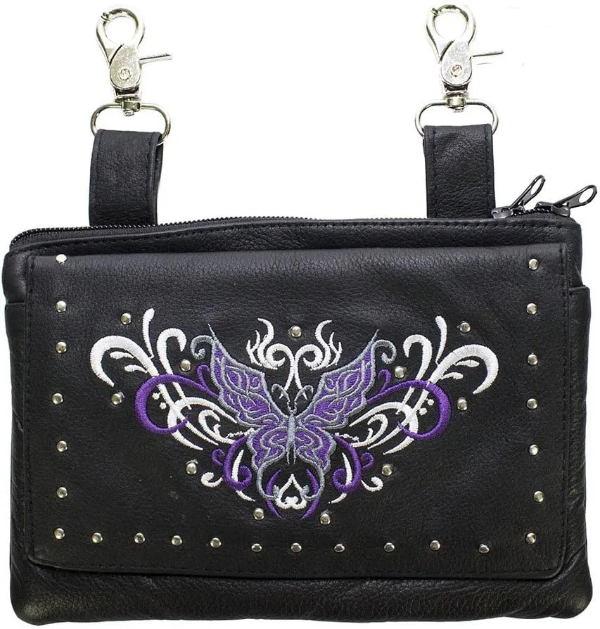 Motorcycle Womens Studed Purple Tribal Butterfly Real Leather Purse Bag w/clip