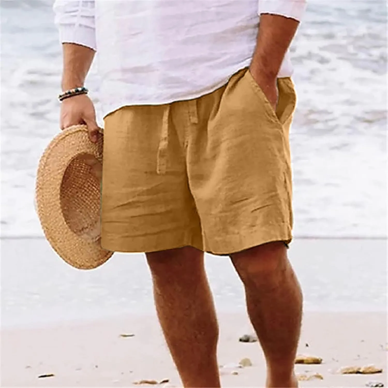 Muscularfit Men's Big & Tall Casual Drawstring Cotton Linen Shorts with Pockets - Regular Fit Stretch Work & Beach Shorts