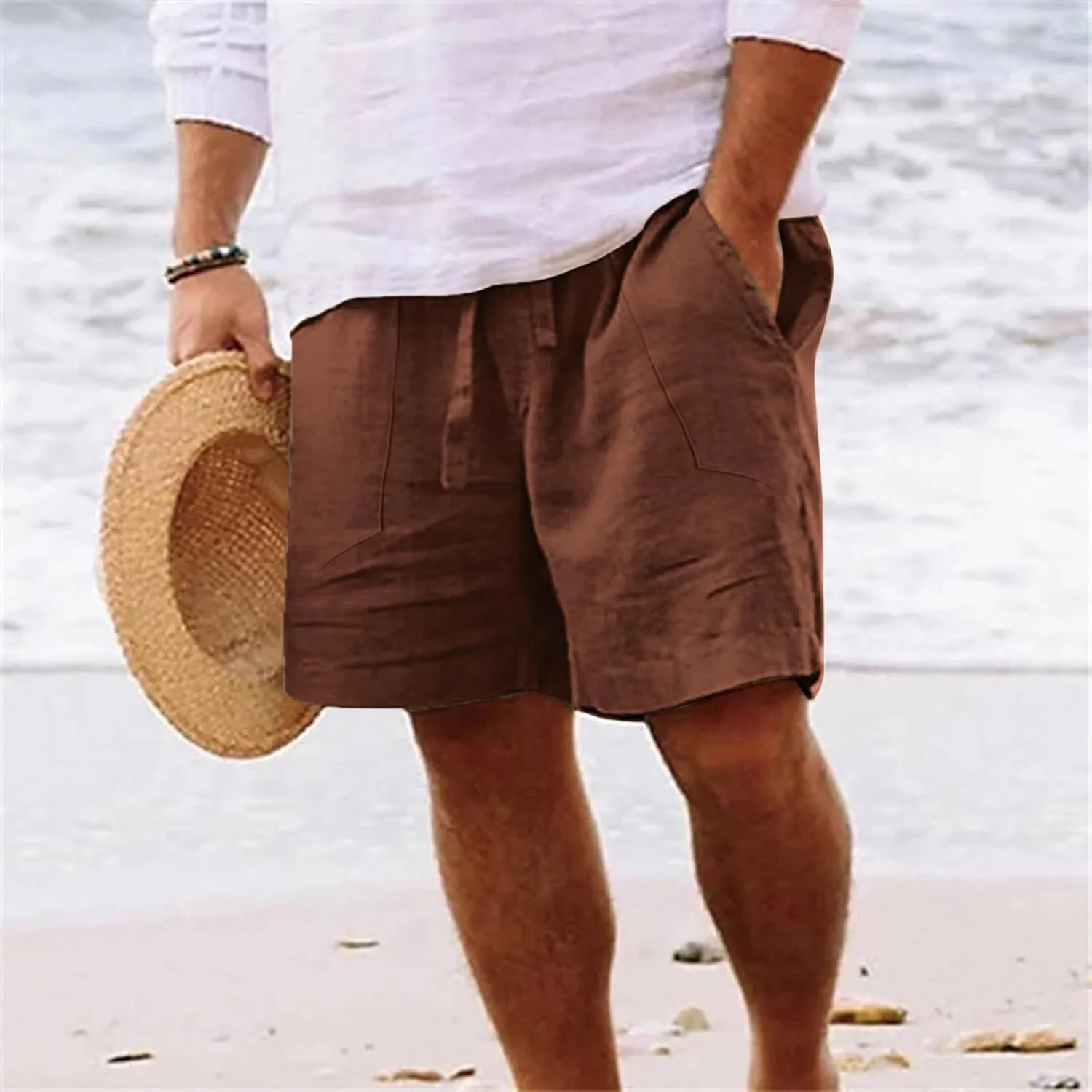 Muscularfit Men's Big & Tall Casual Drawstring Cotton Linen Shorts with Pockets - Regular Fit Stretch Work & Beach Shorts