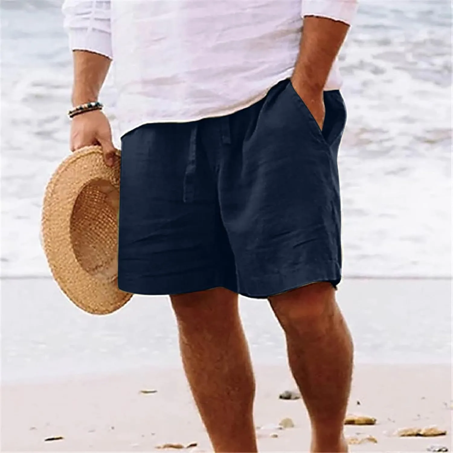 Muscularfit Men's Big & Tall Casual Drawstring Cotton Linen Shorts with Pockets - Regular Fit Stretch Work & Beach Shorts