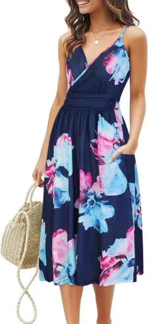 OUGES Women's Summer Spaghetti Strap V-Neck Floral Short Party Dress with Pockets