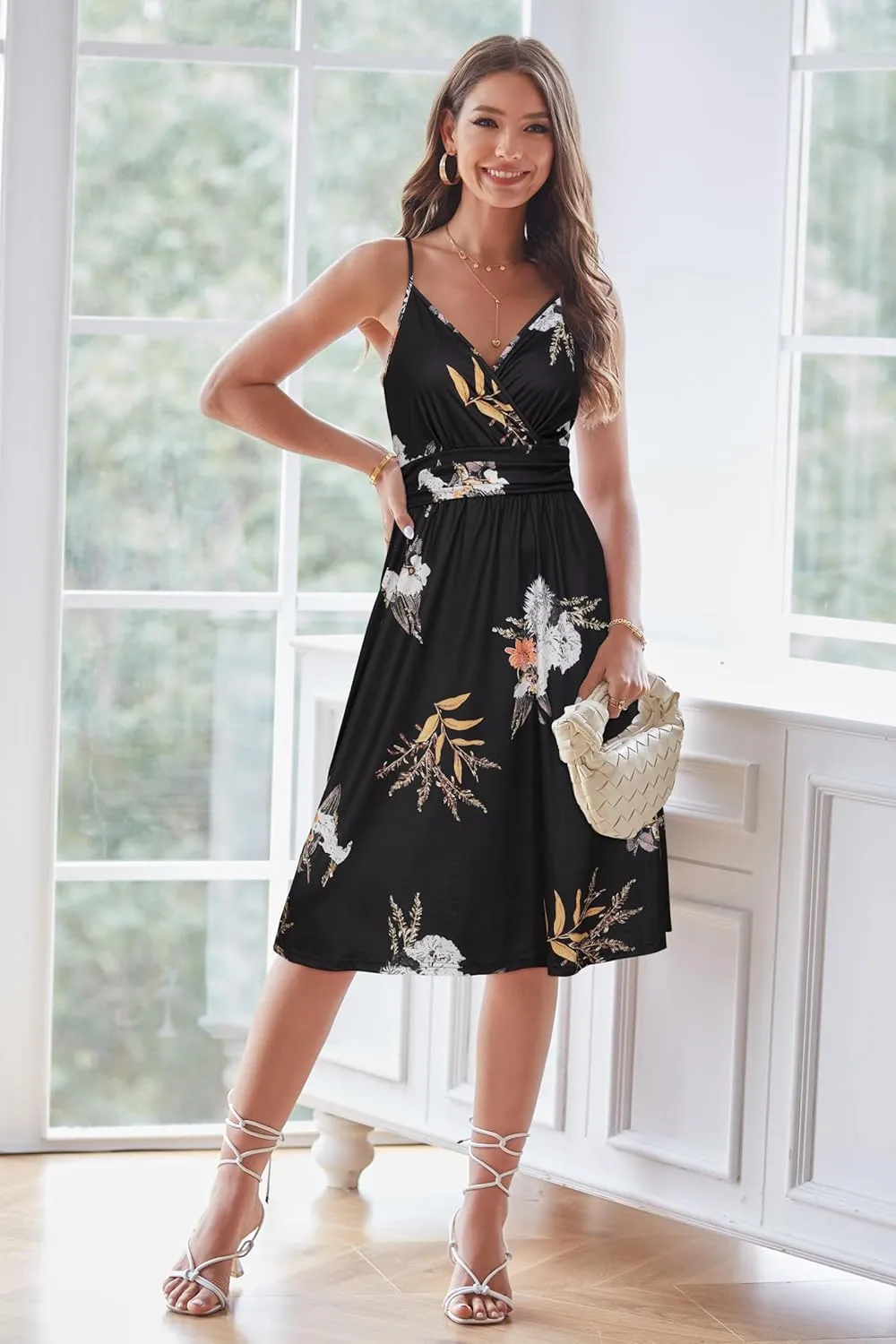 OUGES Women's Summer Spaghetti Strap V-Neck Floral Short Party Dress with Pockets