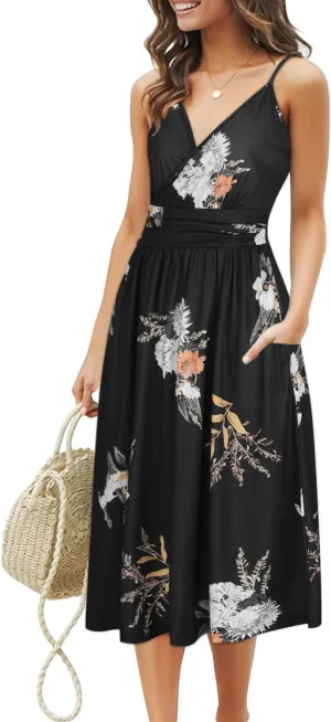 OUGES Women's Summer Spaghetti Strap V-Neck Floral Short Party Dress with Pockets