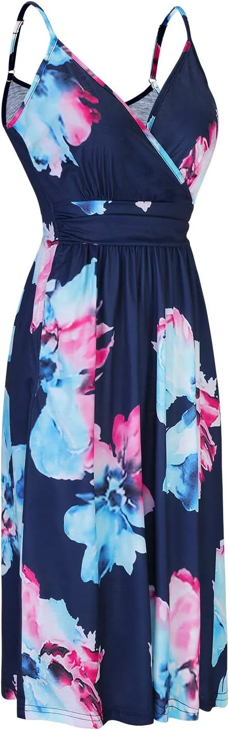 OUGES Women's Summer Spaghetti Strap V-Neck Floral Short Party Dress with Pockets