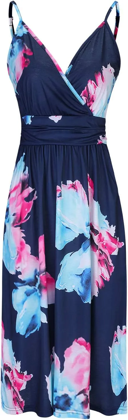 OUGES Women's Summer Spaghetti Strap V-Neck Floral Short Party Dress with Pockets
