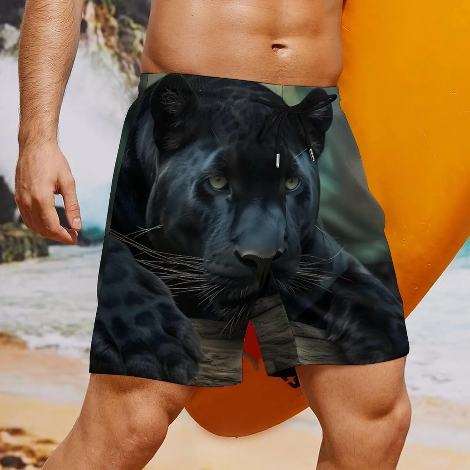 Panthers Male Casual Beach Shorts for Men Elastic Waist Drawstring Swim Shorts With Compression Liner