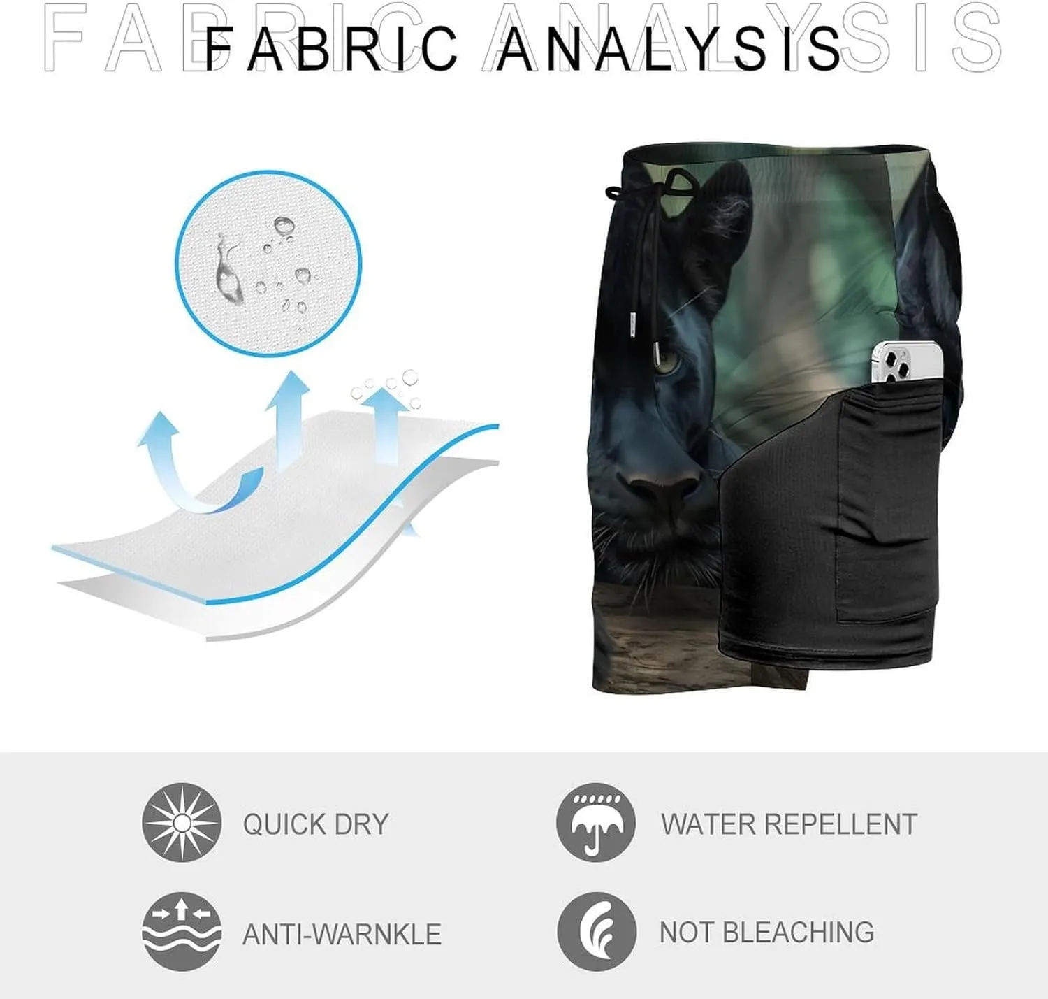 Panthers Male Casual Beach Shorts for Men Elastic Waist Drawstring Swim Shorts With Compression Liner