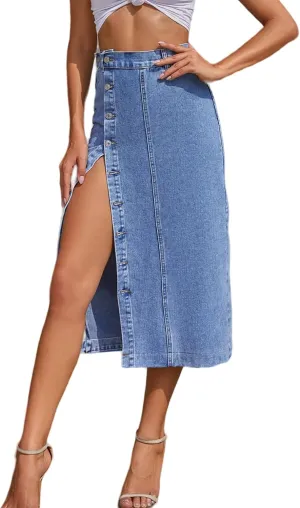 Perbai Womens High Waisted Long Denim Skirt Slim Button Front Split Jean Pencil Skirt