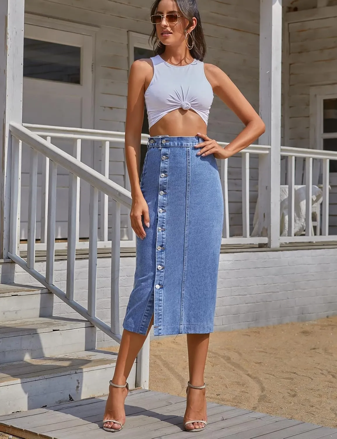 Perbai Womens High Waisted Long Denim Skirt Slim Button Front Split Jean Pencil Skirt