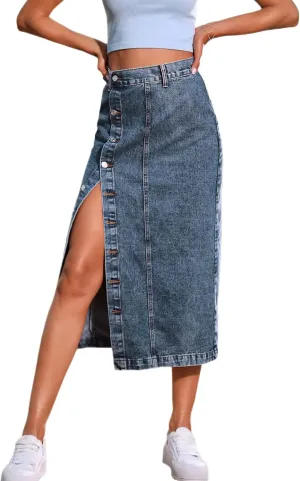 Perbai Womens High Waisted Long Denim Skirt Slim Button Front Split Jean Pencil Skirt