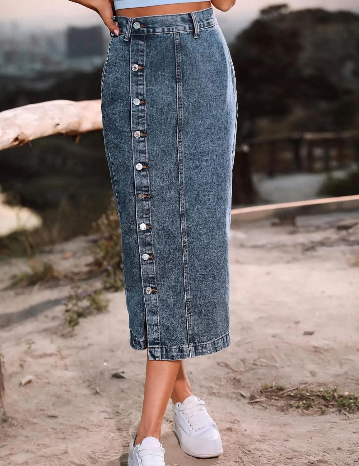 Perbai Womens High Waisted Long Denim Skirt Slim Button Front Split Jean Pencil Skirt