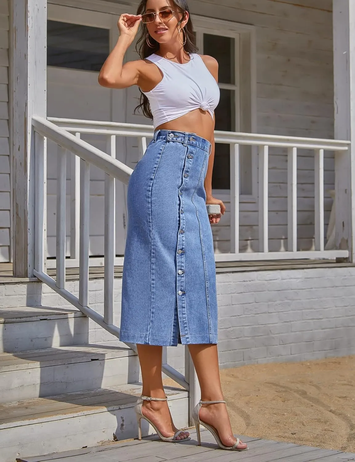 Perbai Womens High Waisted Long Denim Skirt Slim Button Front Split Jean Pencil Skirt