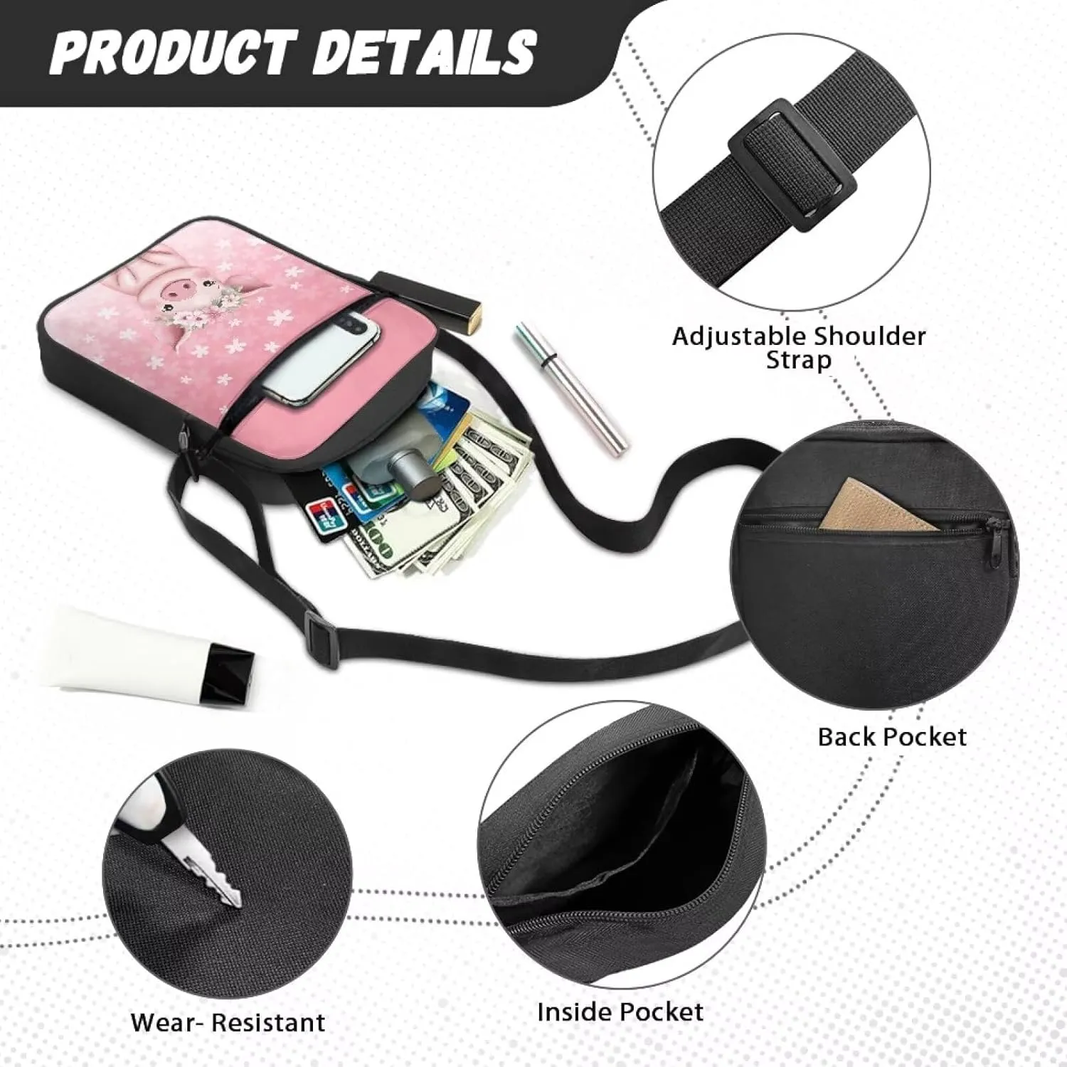 Pig Pattern Crossbody Shoulder Bag Small Sling Bag for Women Satchel Messenger Bags