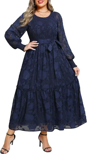 Pinup Fashion Plus Size Fall Dress - 2025 Wedding Guest Long Sleeve Floral Lace Long Dress with Belt