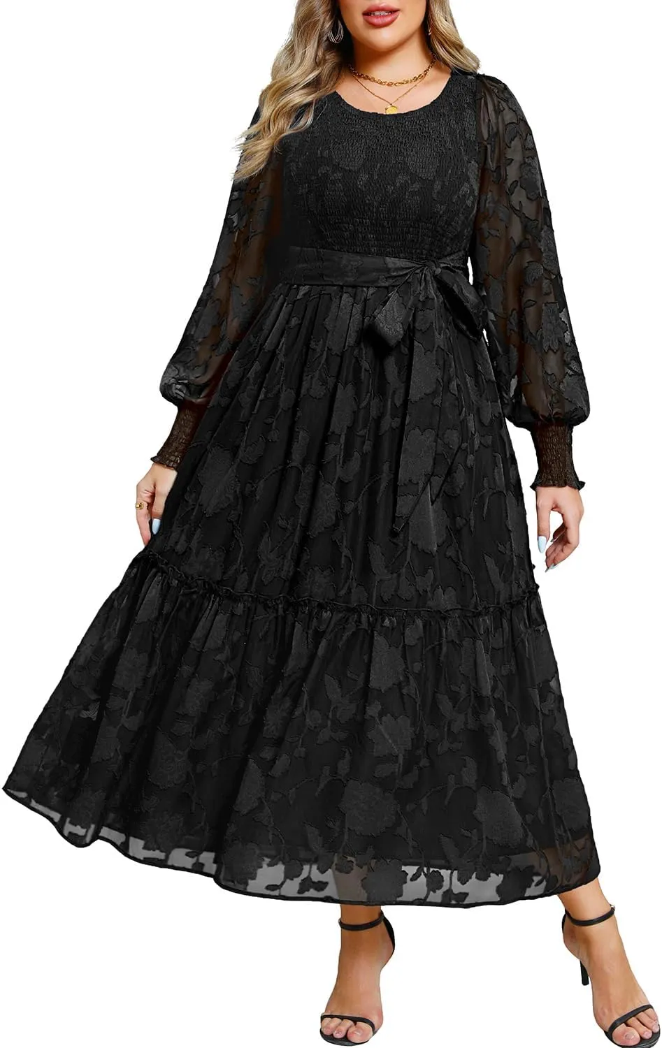 Pinup Fashion Plus Size Fall Dress - 2025 Wedding Guest Long Sleeve Floral Lace Long Dress with Belt