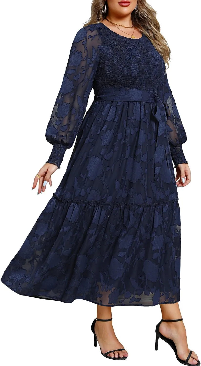 Pinup Fashion Plus Size Fall Dress - 2025 Wedding Guest Long Sleeve Floral Lace Long Dress with Belt