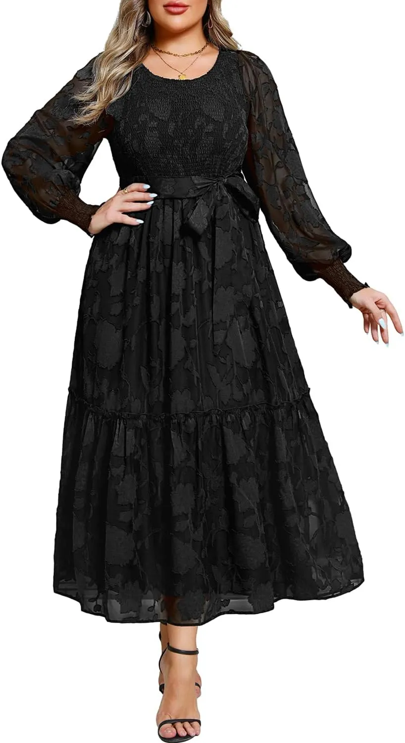 Pinup Fashion Plus Size Fall Dress - 2025 Wedding Guest Long Sleeve Floral Lace Long Dress with Belt