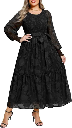 Pinup Fashion Plus Size Fall Dress - 2025 Wedding Guest Long Sleeve Floral Lace Long Dress with Belt