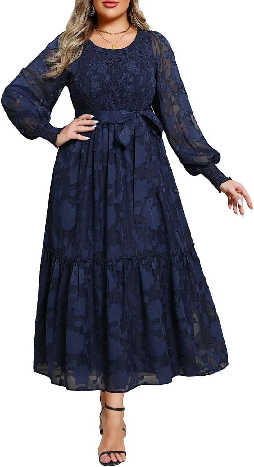 Pinup Fashion Plus Size Fall Dress - 2025 Wedding Guest Long Sleeve Floral Lace Long Dress with Belt