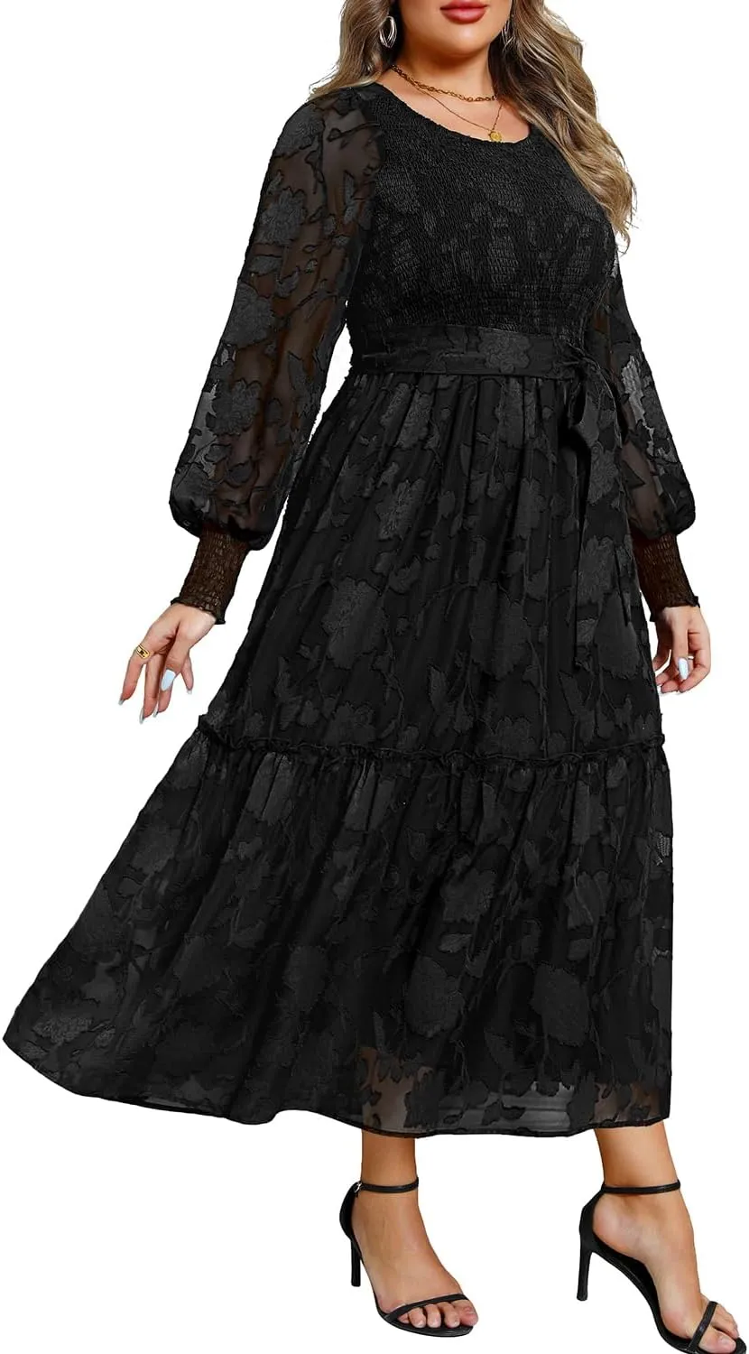 Pinup Fashion Plus Size Fall Dress - 2025 Wedding Guest Long Sleeve Floral Lace Long Dress with Belt