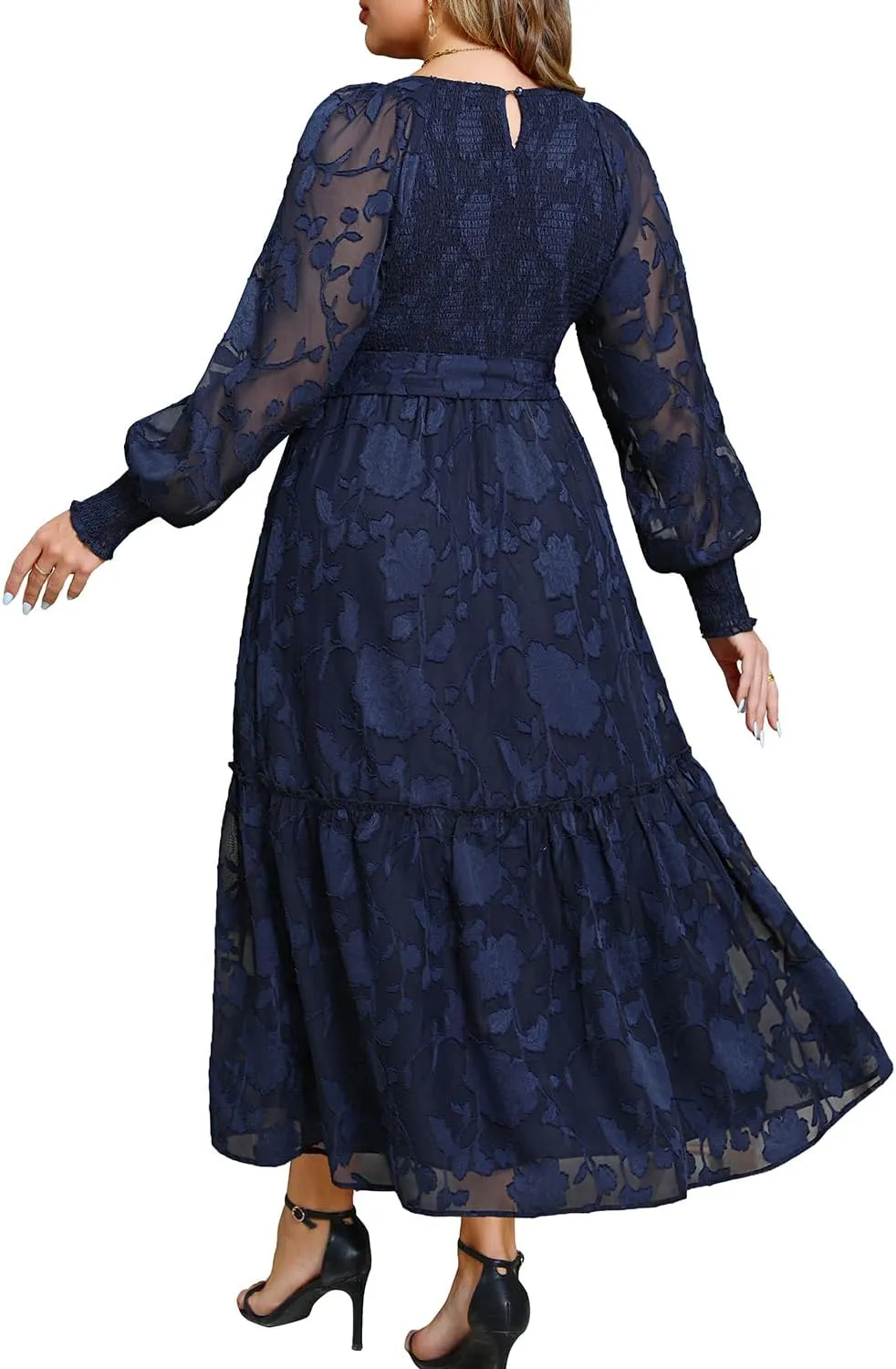 Pinup Fashion Plus Size Fall Dress - 2025 Wedding Guest Long Sleeve Floral Lace Long Dress with Belt