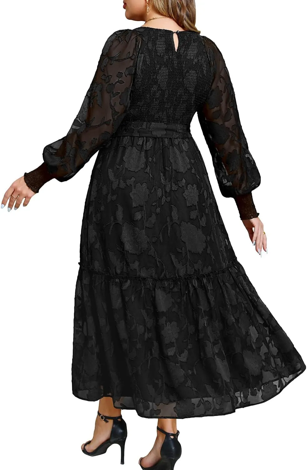 Pinup Fashion Plus Size Fall Dress - 2025 Wedding Guest Long Sleeve Floral Lace Long Dress with Belt