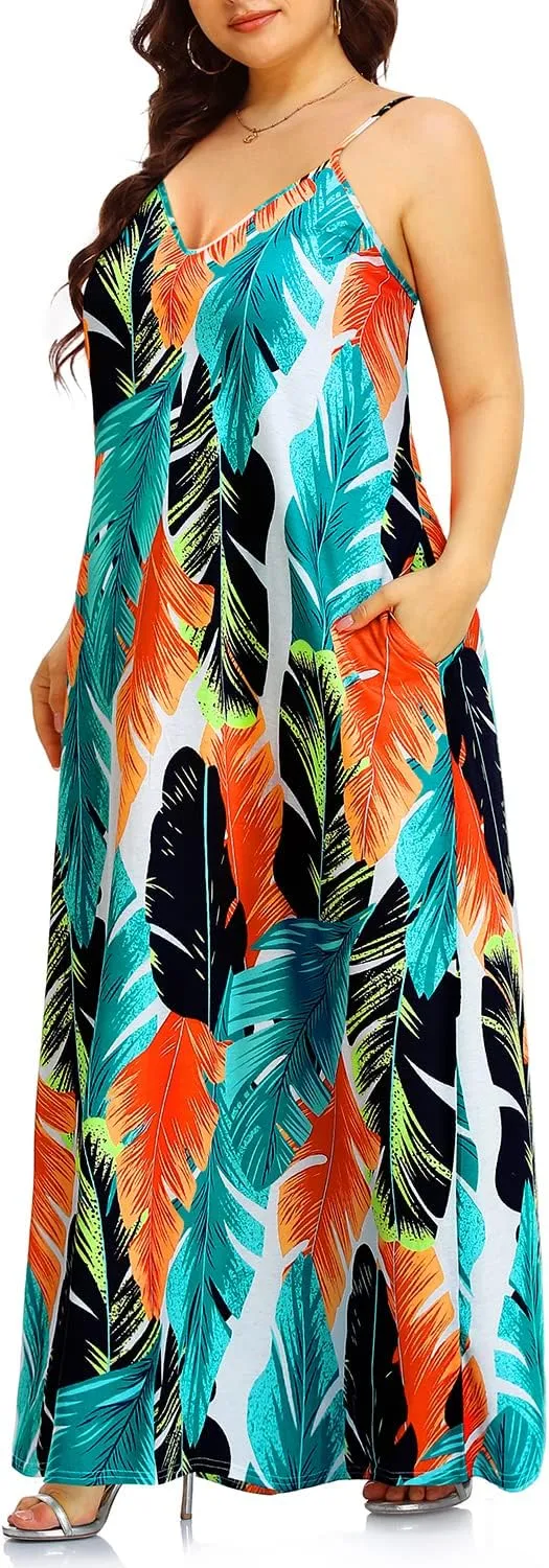 Pinup Fashion Women's Summer Maxi Dress Plus Size Sleeveless Spaghetti Strap Beach Long Dresses