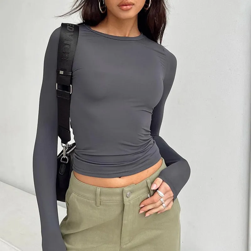 Purpdrank - Women Casual Long Sleeve T-Shirts Spring Autumn Solid Slim Fit Pullovers Tees Shirts Female Streetwear Base Tees Tops  Casual