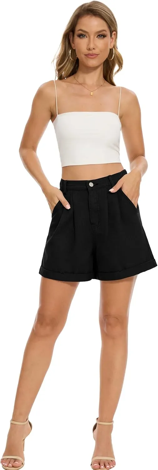 QUEZHU Women Denim Pleated High Waist Jean Shorts 2025 Summer Causal with Pockets