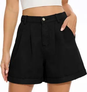 QUEZHU Women Denim Pleated High Waist Jean Shorts 2025 Summer Causal with Pockets