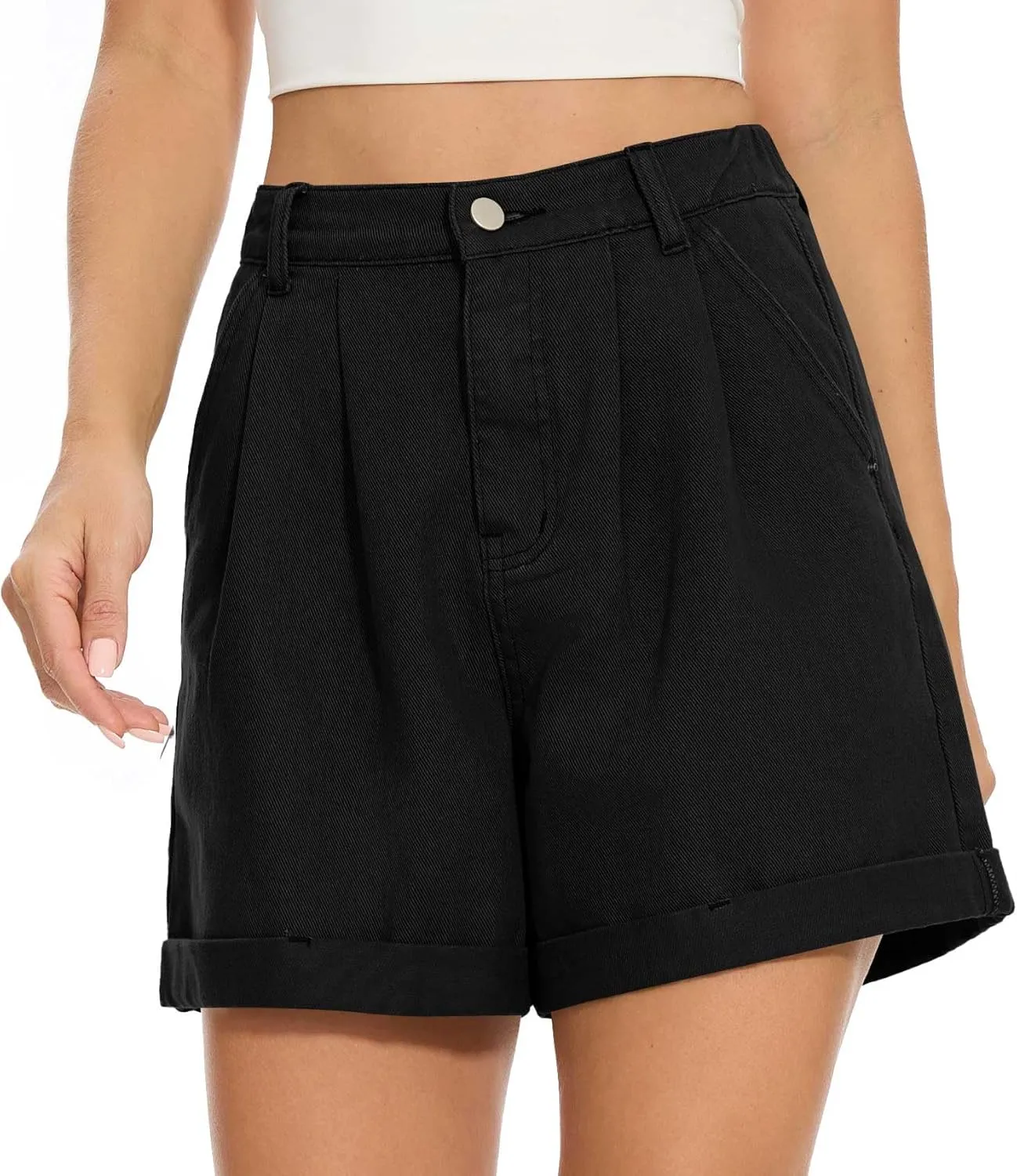 QUEZHU Women Denim Pleated High Waist Jean Shorts 2025 Summer Causal with Pockets