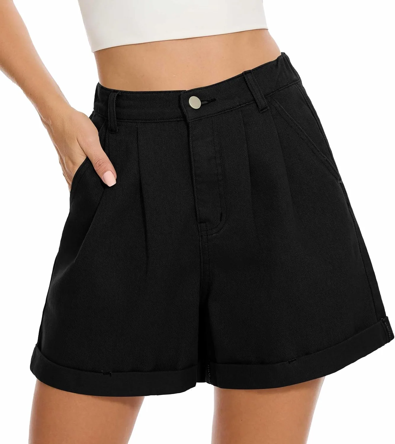 QUEZHU Women Denim Pleated High Waist Jean Shorts 2025 Summer Causal with Pockets