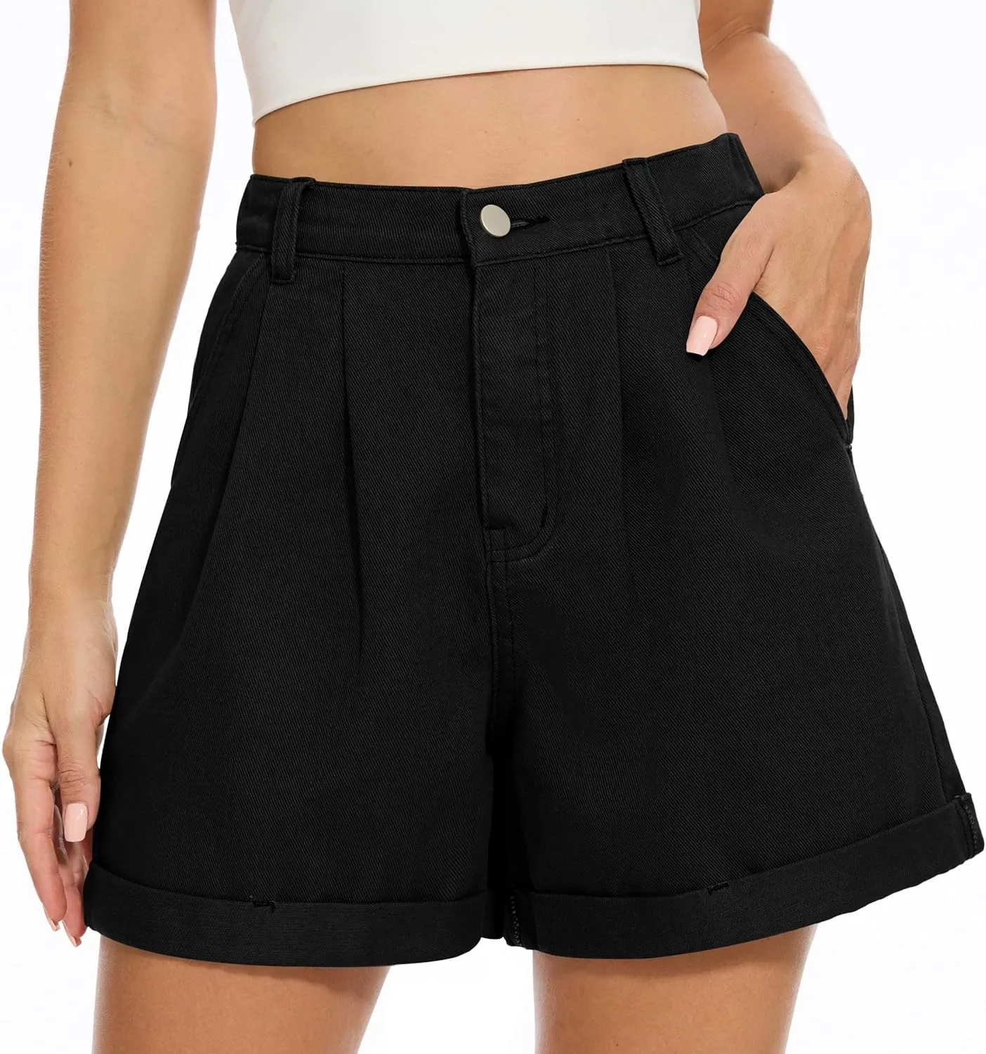 QUEZHU Women Denim Pleated High Waist Jean Shorts 2025 Summer Causal with Pockets